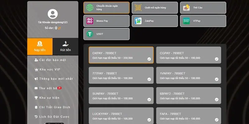 Sân chơi hỗ trợ nạp tiền bằng nhiều hình thức